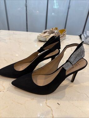 INC International Concepts Black Slingback Pointed-Toe Heels with Rhinestone Bow